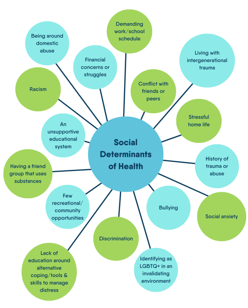 Social determinants of health: Demanding work or school schedule. Conflict with friends or peers. Living with intergenerational trauma. Stressful home life. History of trauma or abuse. Social anxiety. Bulling. Identifying as LGBTQ+ in an invalidating environment. Discrimination. Lack of education around alternative coping/tools and skills to manage distress. Few recreational/community opportunities. Having a friend group that uses substances. An unsupportive educational system. Racism. Being around domestic abuse. Financial concerns or struggles.