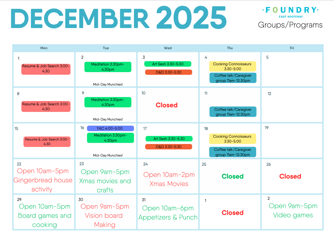 Foundry East Kootenay December 2025 Calendar