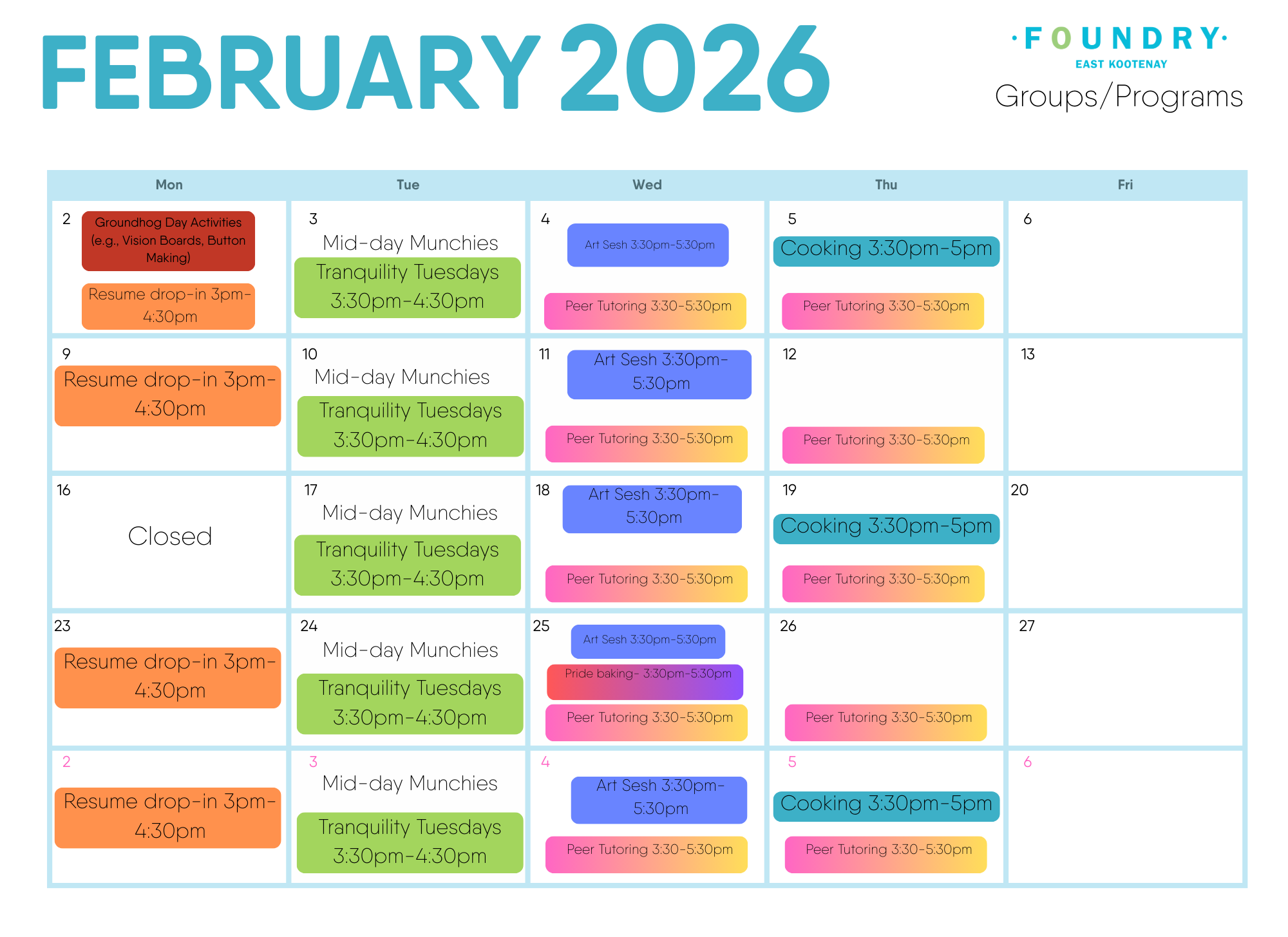 February Calendar of Events and Groups at Foundry East Kootenay
