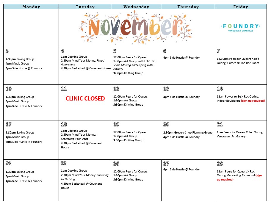 Foundry Vancouver Granville November 2025 Monthly Calendar