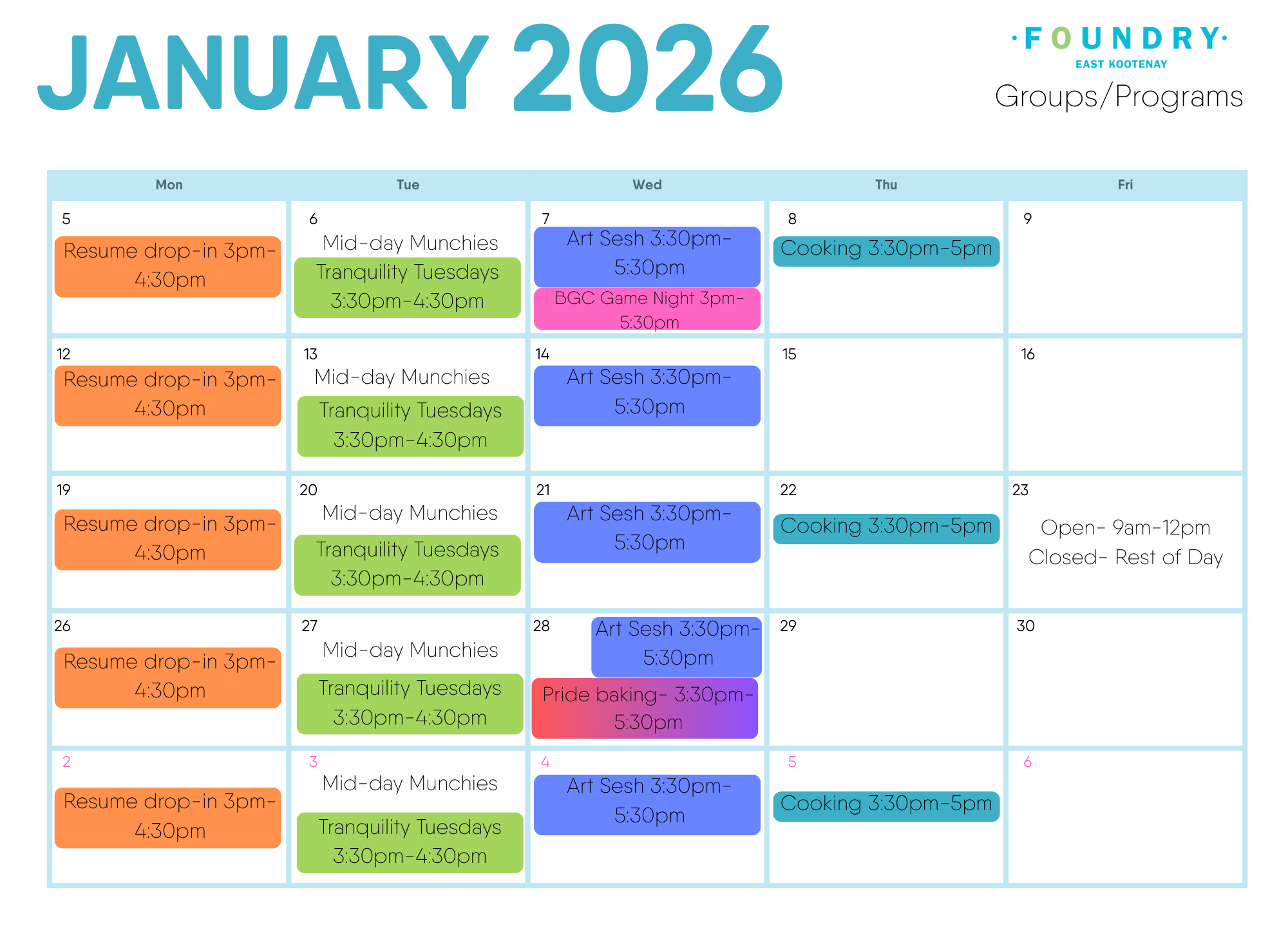 Calendar of Groups/events happening in January at Foundry East Kootenay 