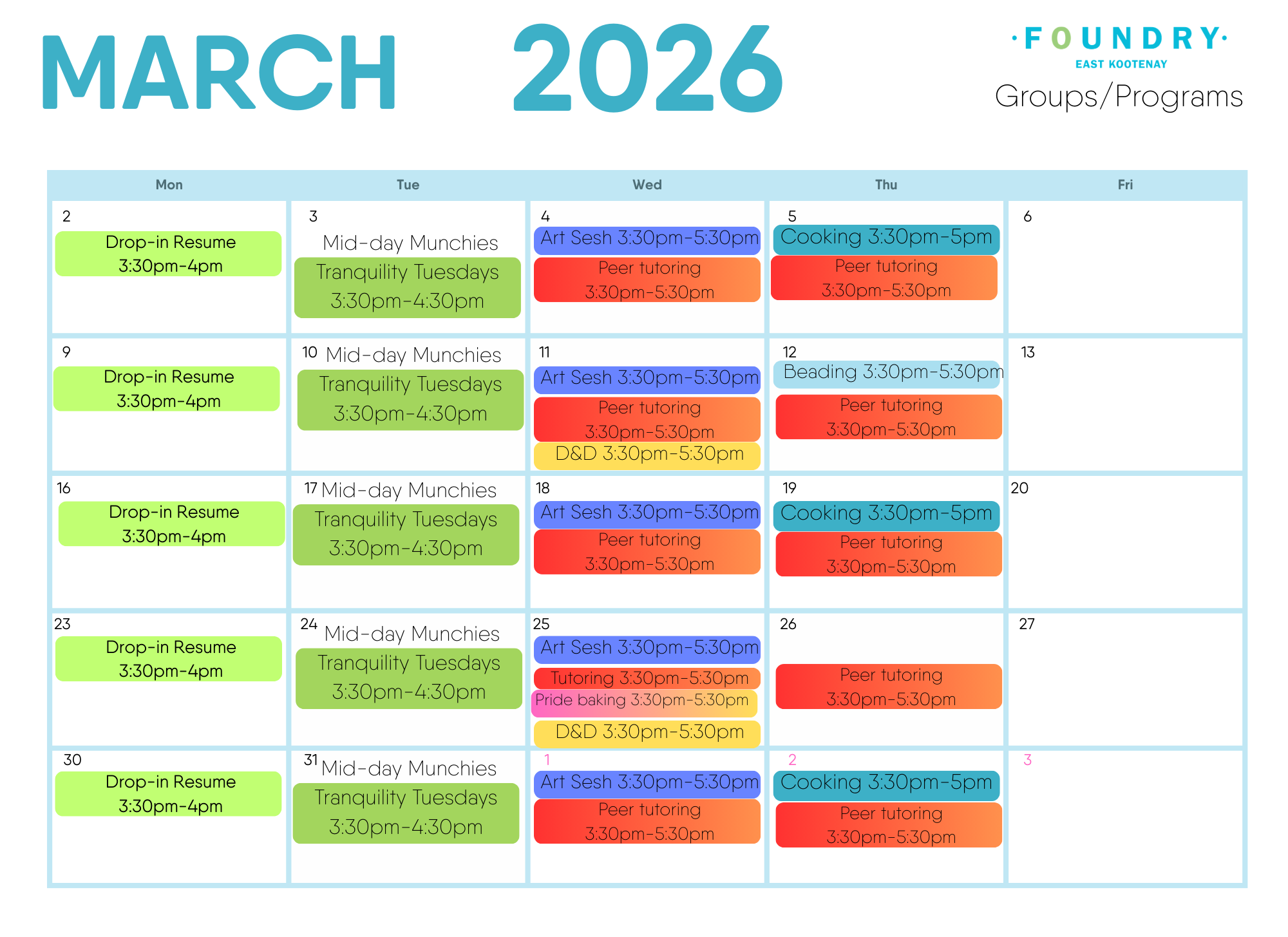 Calendar for Groups and Activities happening at Foundry East Kootenay