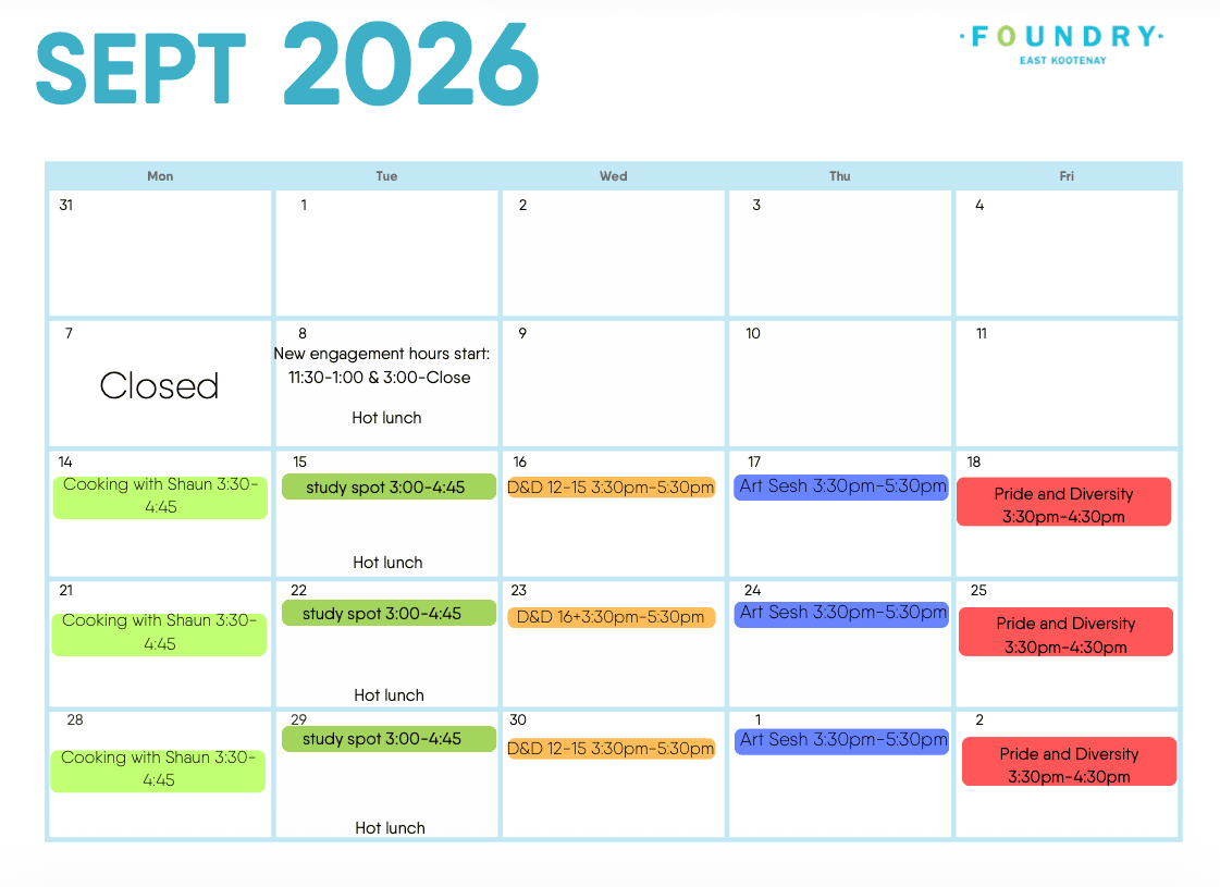 Foundry East Kootenay September 2026 Activity Calendar