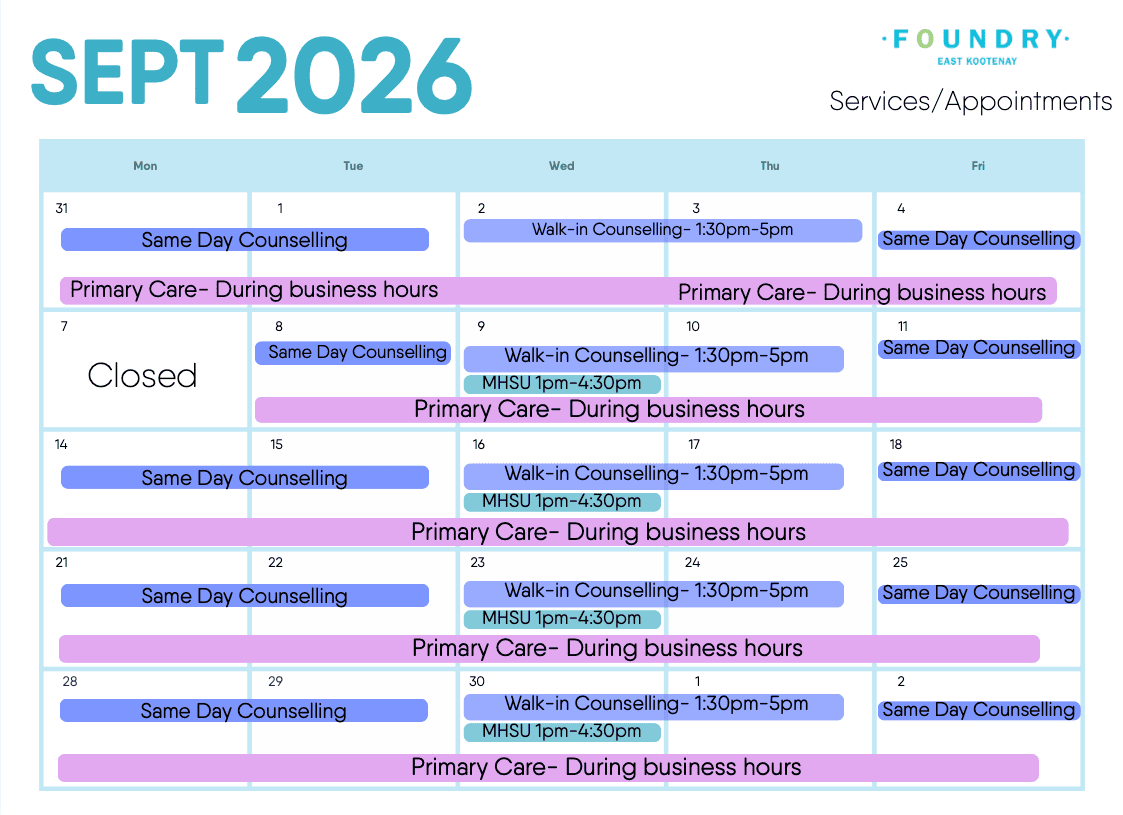 Foundry East Kootenay Sept 2026 Services Calendar