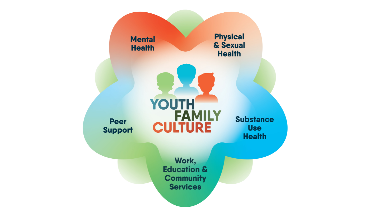A diagram of a colourful flower with Foundry’s five service streams as petals: mental health, physical and sexual health, substance use health, peer support, and work, education and community services. Youth, family and culture are at the centre of the flower.